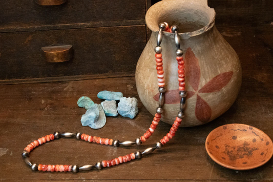 Red Spiny with Navajo Pearls Necklace 26"