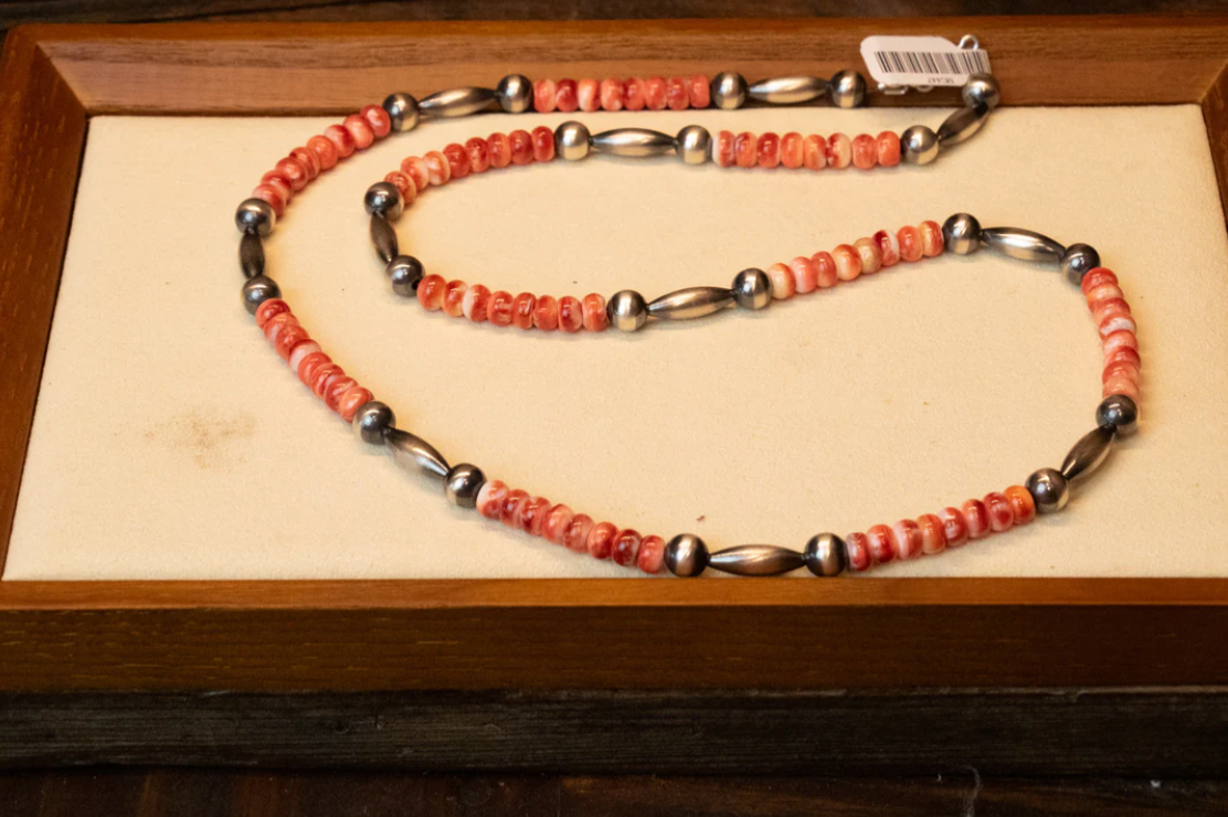 Red Spiny with Navajo Pearls Necklace 26"