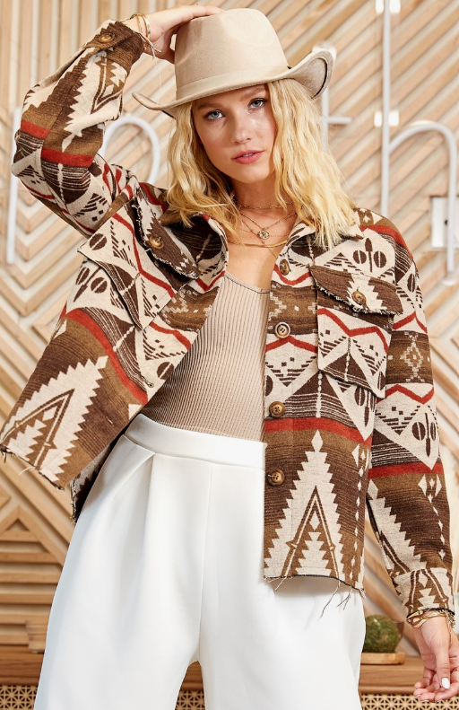 Aztec Pattern Rough Edge Button Down Shacket