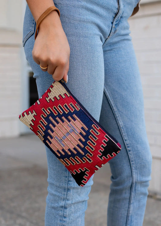 Multi-Color Beaded Aztec Print Wristlet